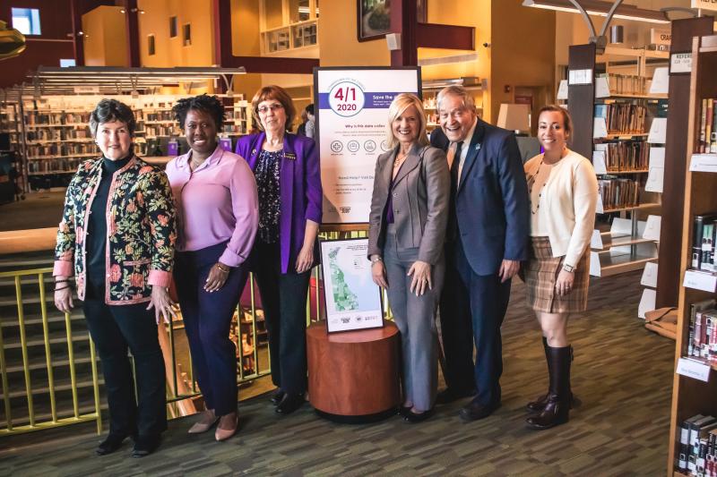 Recognizing Census Day April 1 at the Dover Public Library are (l-r) Margie Cyr, Dover library director; Devon Reed, U.S. Census Bureau partnership specialist; Dr. Annie Norman, state librarian; Lt. Gov. Bethany Hall-Long; Fred Neil, Dover City Council member; and Dr. Courtney Stewart, deputy secretary of state. SUBMITTED PHOTO